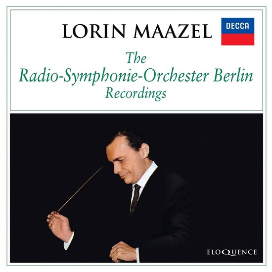 Lorin Maazel dirigeert met een staf, gekleed in een zwart pak. Titel: Lorin Maazel, The Radio-Symphonie-Orchester Berlin Recordings.