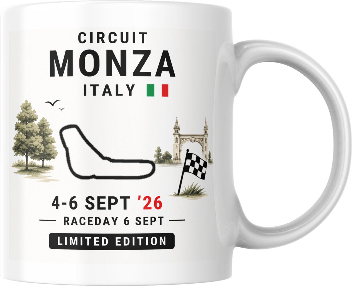 Hip met Pit Creaties - F1 Mok Monza 2026 - Formule 1 Circuit Mok - Grand Prix Monza 4-6 SEP '26 - Racedag 6 SEP - F1 Cadeau - Limited Edition Racefan Merchandise