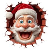 Vrolijke kerstman met kerstmuts breekt door een bakstenen muur.