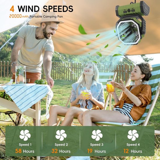 Camping Ventilator - Draagbare Ventilator - Buiten Kamperen - 20000mAh Batterijcapaciteit - 138 Uur Looptijd - Groen — afbeelding 4