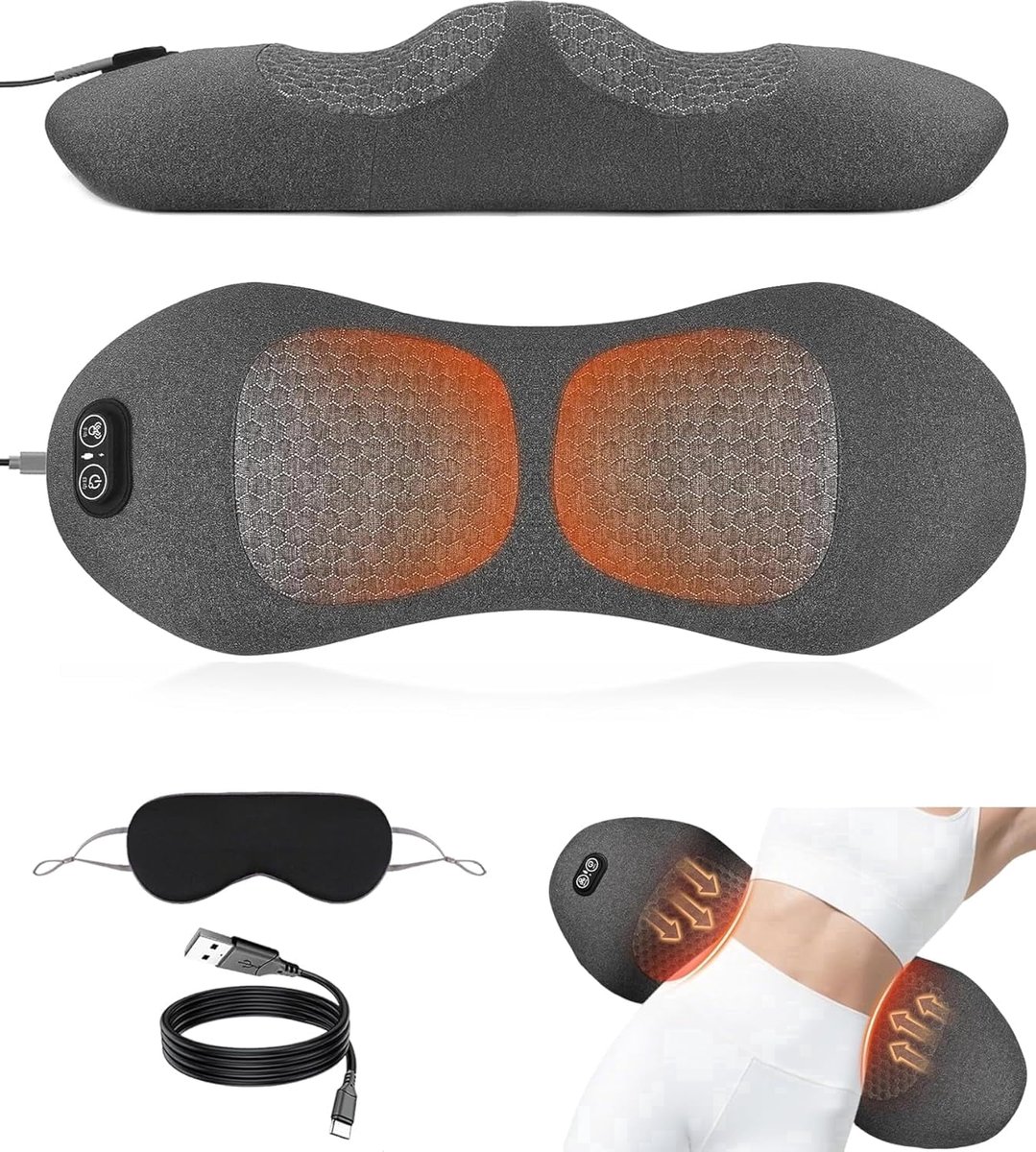 3-in-1 rugmassageapparaat - Elektrische lendenmassage met warmte, vibratie, tractie en lendensteunkussen voor diepe rugmassage en ontspanning - Ergonomisch