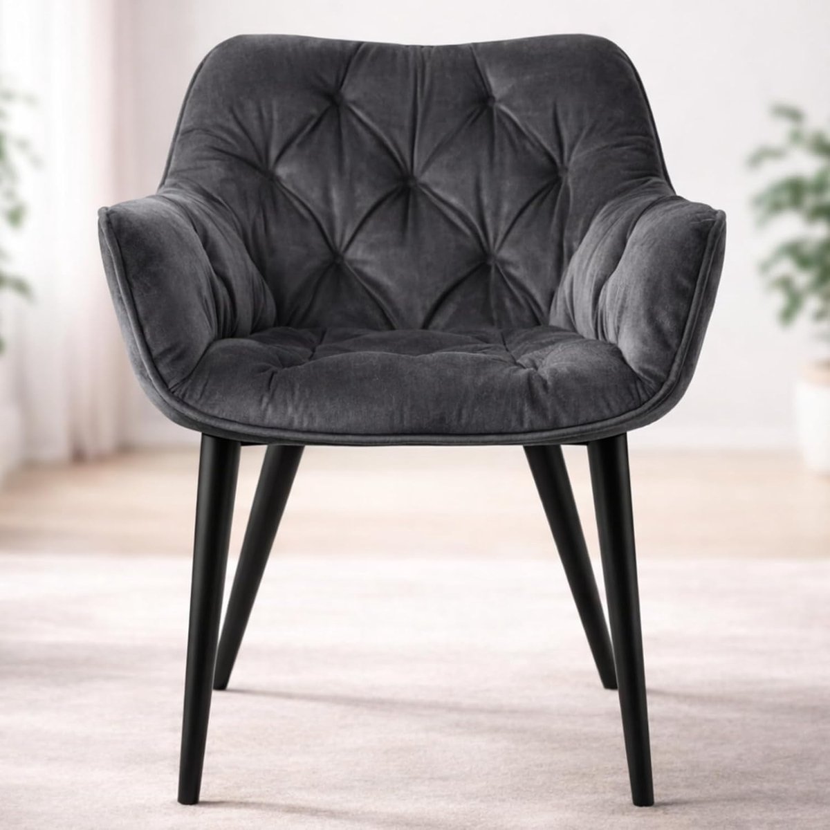 Luxe Design Velvet Eetkamerstoelen Set van 2 Antraciet met Armleuningen en Zwart Metalen Frame – Zitcomfort 49 cm Zithoogte, 59 x 67 x 83 cm