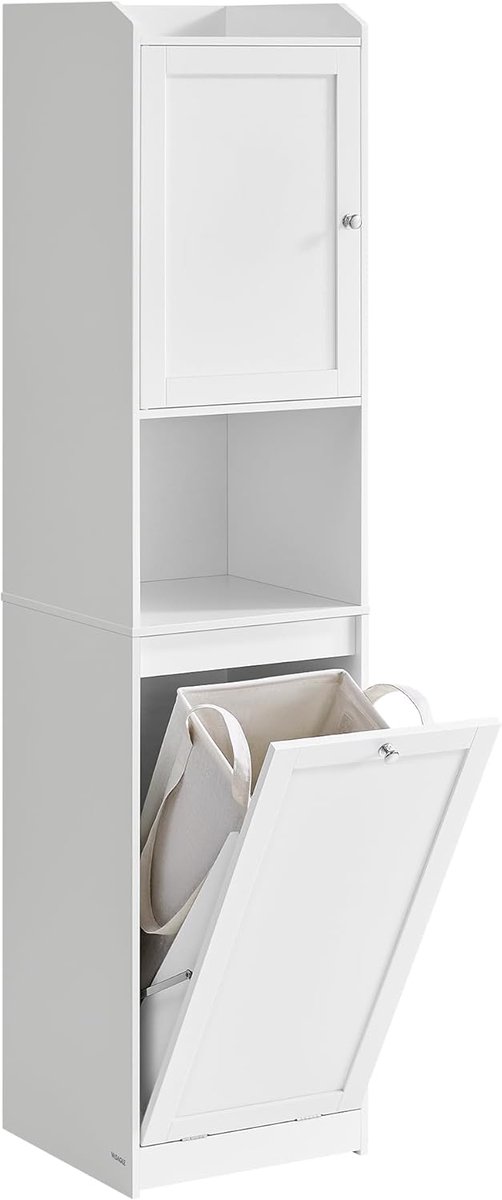 VASAGLE Badkamerkast met wasmand, hoge badkamerkast, uitneembare waszak met handgrepen, met deur, verstelbare plank, 40 x 40 x 170 cm, wolkenwit BBC761W01