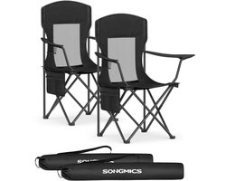 ELYSIVM Campingstoel 2 st. - Vouwstoel - Campingstoel Opvouwbaar - Campingstoel Set - Visstoel Set - Klapstoelen Hoog - Set van 2 - Hoge rug (54 cm) - Verstelbare Armleuningen en Bekerhouder - Tot 150 kg per Stoel - Mesh / 600D Oxford - Zwart