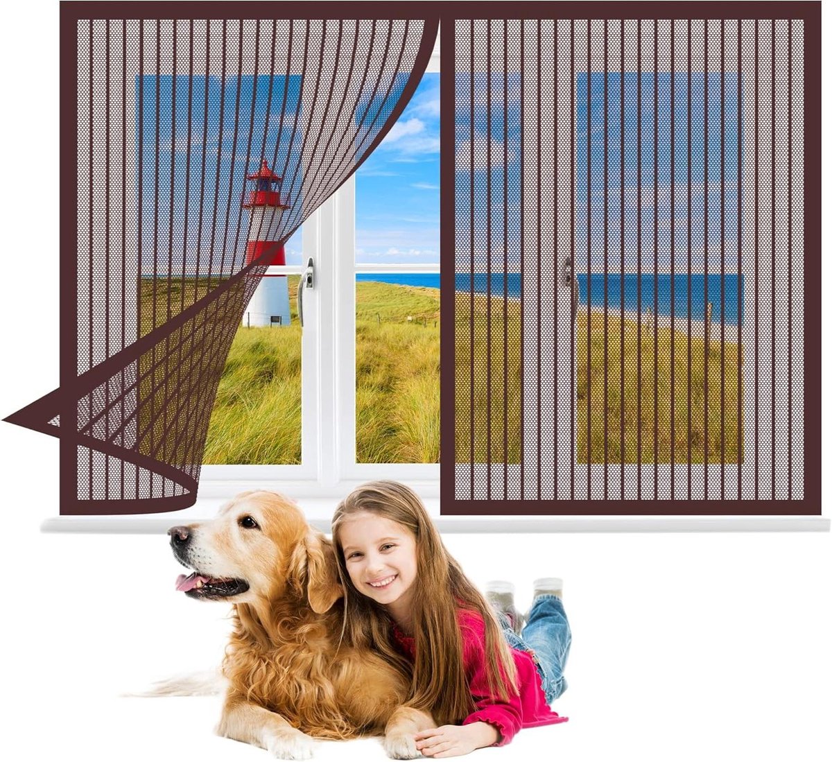 Horren voor raam - Insectenhor gordijn - Frisse lucht binnen - Automatisch sluitend - 155 x 120 cm - Bruin