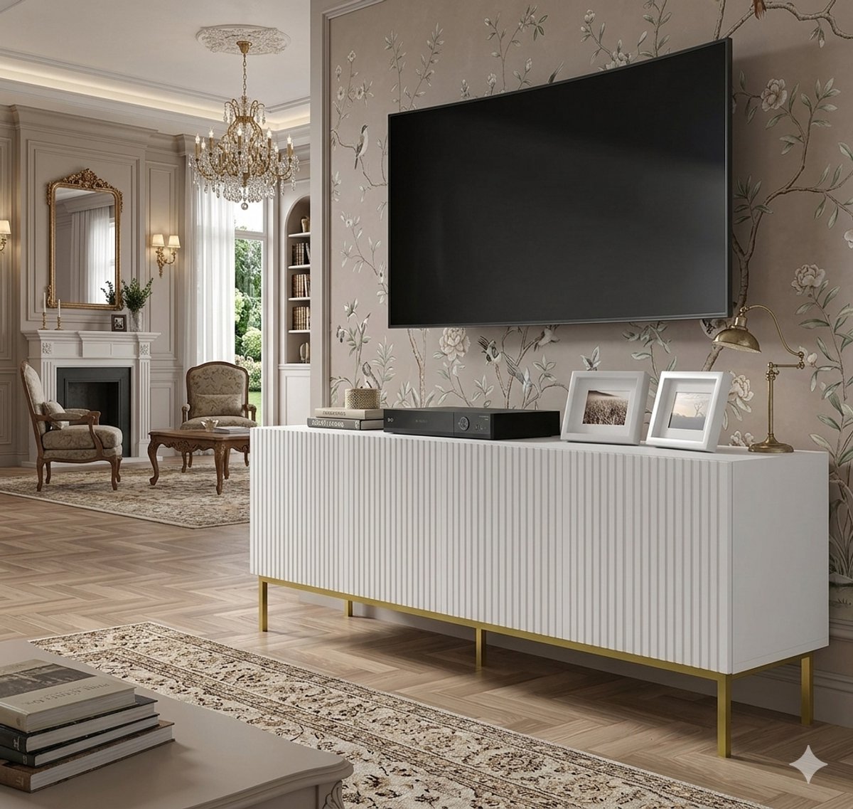 TV Meubel Wandhangend 138,6x31,6x30 cm – Modern Lowboard met Lamellen Front, Klepdeuren en Opbergruimte, Artisan Eiken/Zwart Design, Zwevende TV Kast voor 50-65 Inch TV – Urbanhome