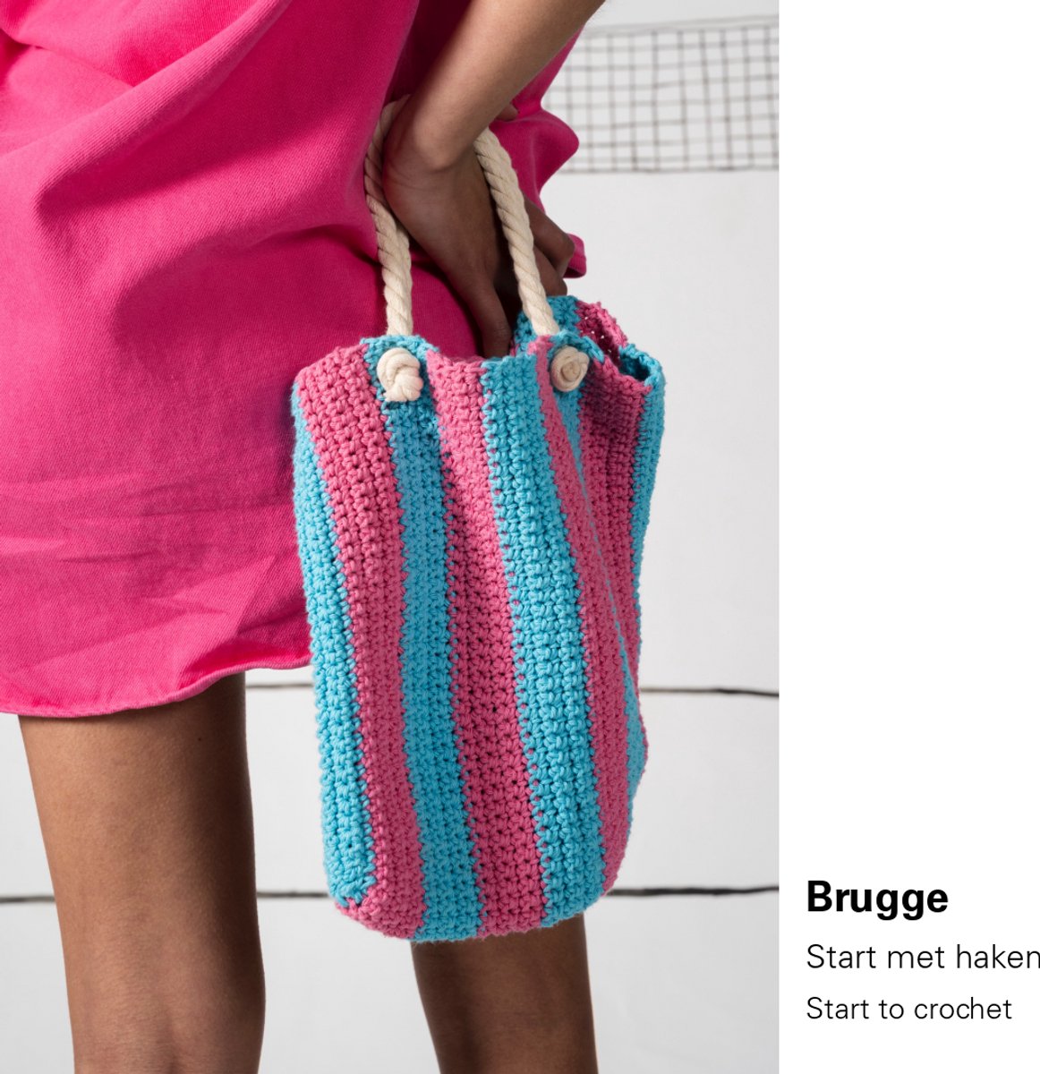 Les Cousines-haakpakket-Barcelona Bag Set - Leren haken- Pink/pool blue