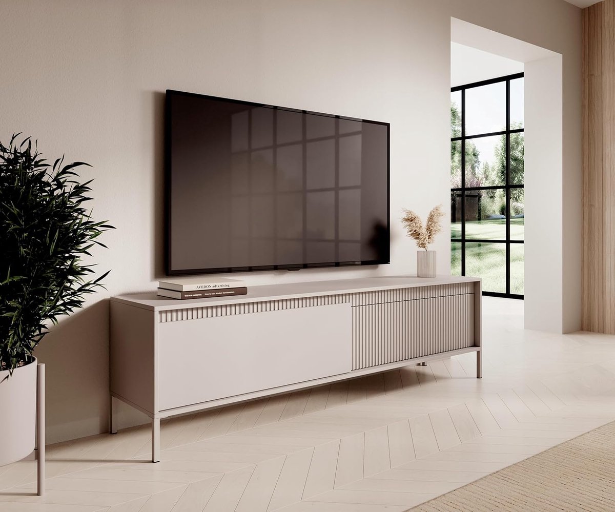TV-Kast 187,5 cm Beige Modern Lowboard met Geribbelde Fronten en 2 Deuren, Push-to-Open TV-Meubel met Opbergruimte – Urbanhome
