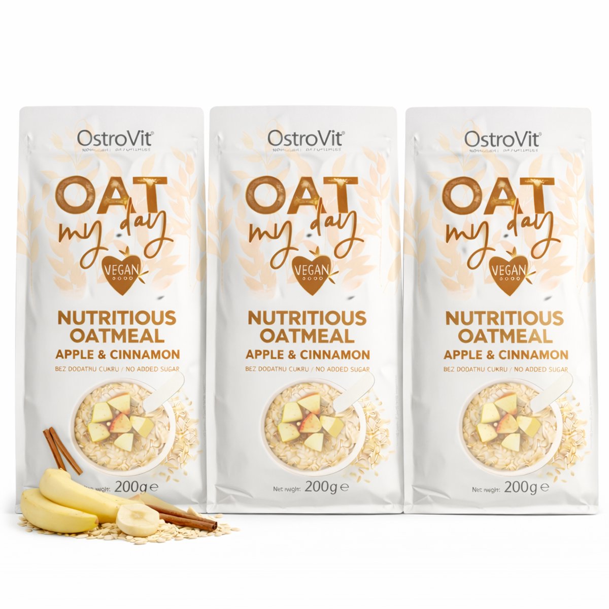 OstroVit Oat My Day Apple & Cinnamon 3-Pack – 3 x 200g Havermoutmix | Instant Appel Kaneel Havermout - 8 + 4 = 12 Porties