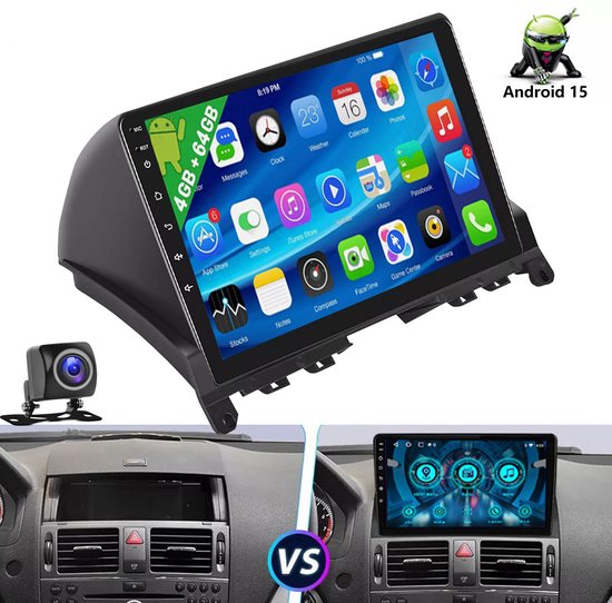 Autoradio met Android 15, 4GB+64GB opslag, en een 9-inch scherm, met een voor- en na-installatie vergelijking.