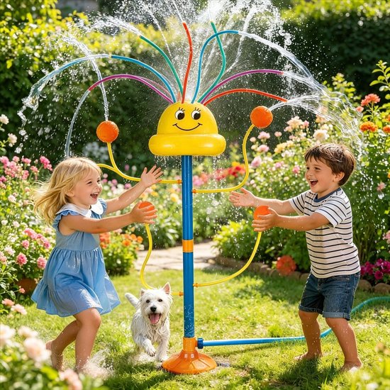 Kinderen's Smiley Rainbow-sproeier – Buitenspeelgoed Met Watersproeiers – 8 Bewegende Buizen En 4 Sproeikoppen Die Ronddraaien En Dansen, Speelgoed Voor Waterpret in De Achtertuin Tijdens De Zomer, Ideaal Voor Ouder-kind-spelletjes