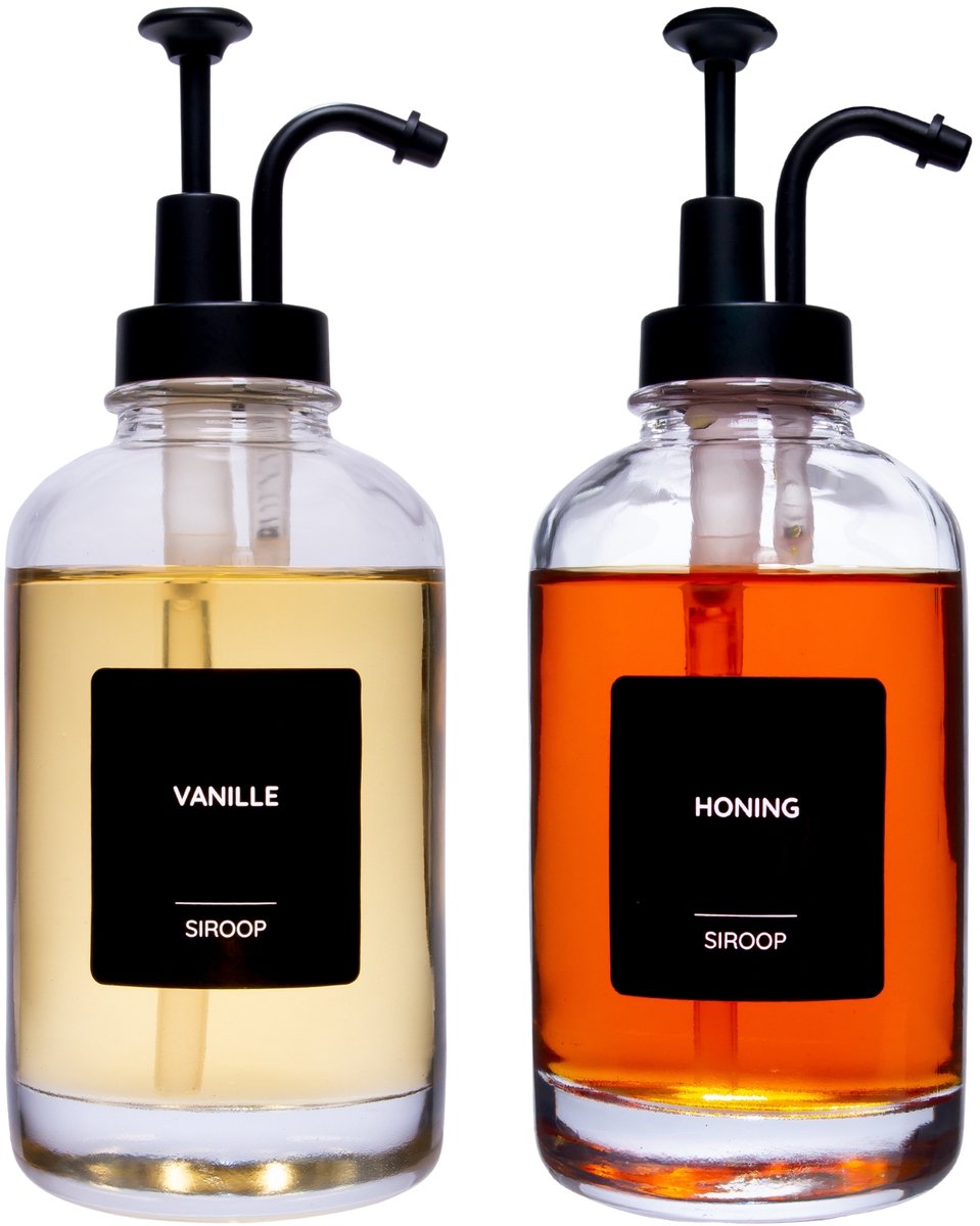 Siroopflessen - Set van 2 - Zwart pompje - Zwarte labels - Koffie dispenser - 500ml