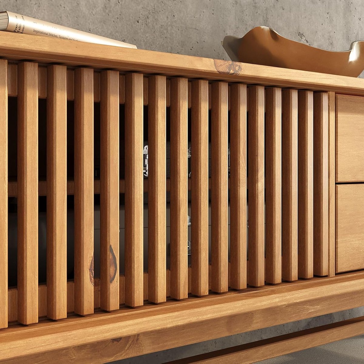 TV-Kast 180 cm Massief Hout Eiken Lowboard met Lamellenschuifdeuren en 2 Laden, Modern TV-Meubel voor Woonkamer – Dressoir TV-Commodes – Urbanhome