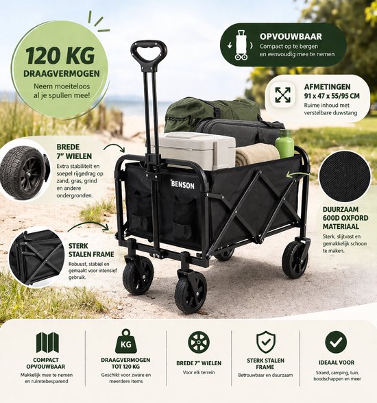 Opvouwbare Bolderkar met Brede Wielen - 120 kg Draagvermogen - Stalen Frame - 600D Oxford - Zwart van Merkloos — afbeelding 2