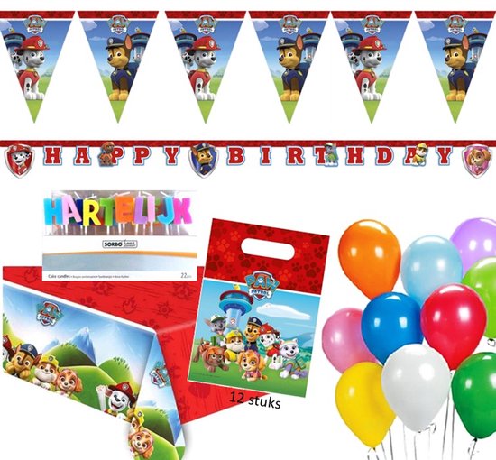 Lot de fête PAW Patrol avec guirlande, sacs de friandises, ballons, nappe et bougies.