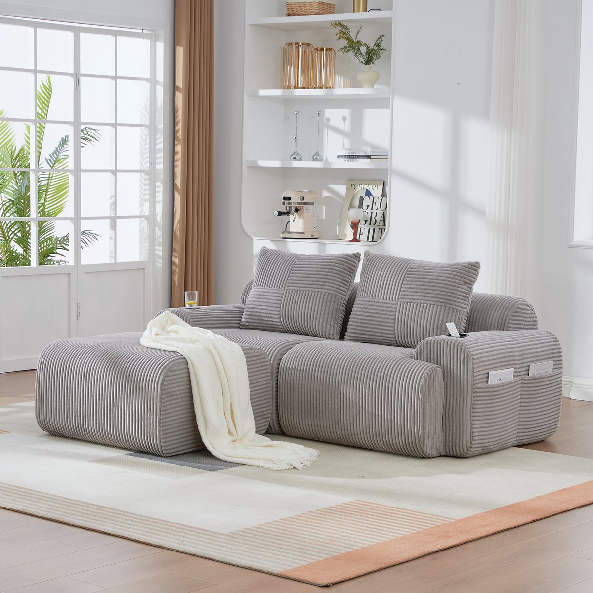 Zubaliya 2-Zits Bank, L-Bank, Modulaire Corduroy Bank voor 2 Personen (met Krukjes), Hoekbank vrij te Combineren, Inclusief Bekerhouder en Zijopbergtas, Ideaal voor Woonkamers, Familiekamers en Andere Ruimtes-Lichtgrijs
