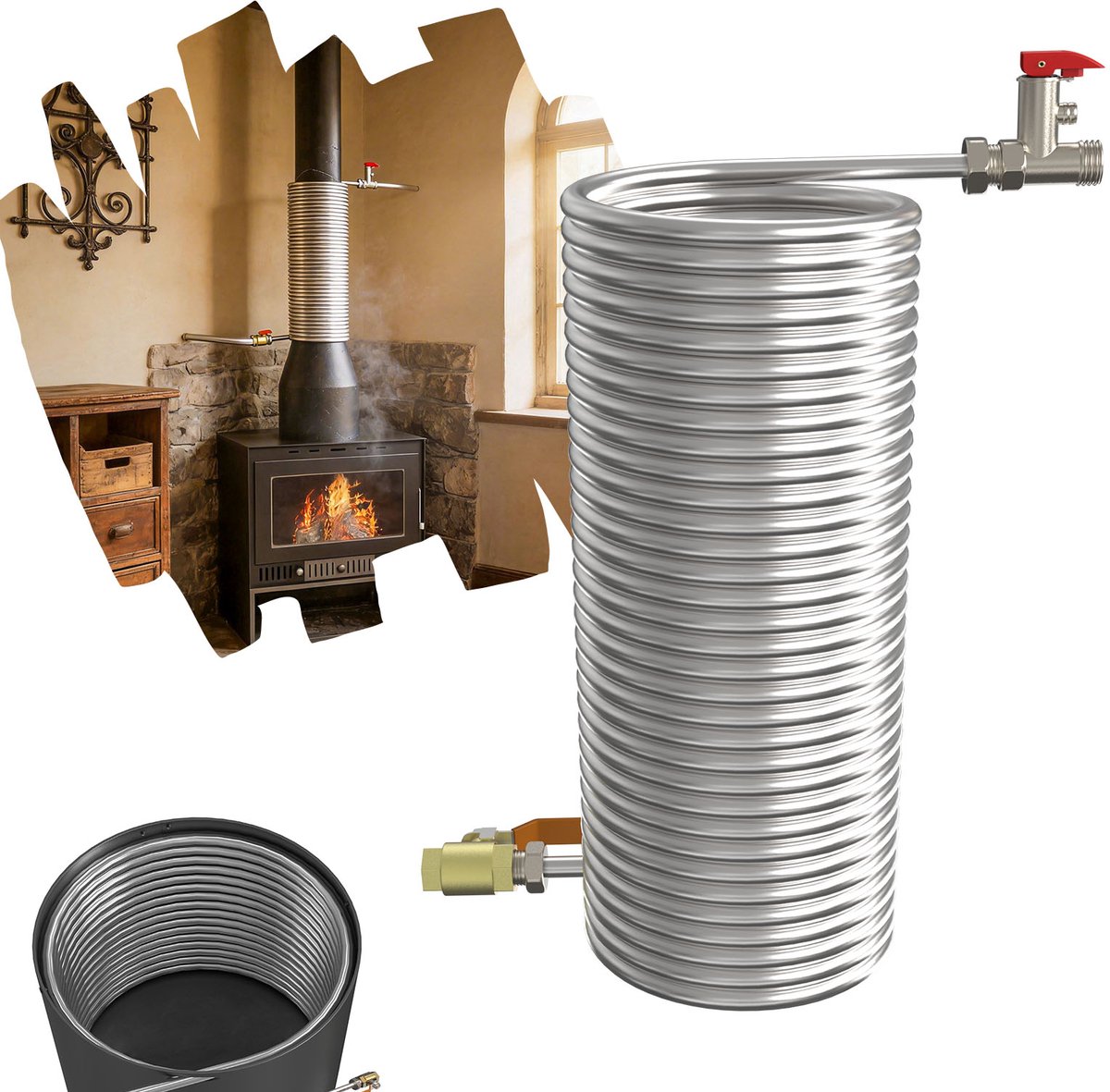 Froadp Ø15,5 cm rookgasverwarmingsspiraal van roestvrij staal voor het benutten van rookgaswarmte, produceert warm water zonder elektriciteit of gas, verlaagt de stookkosten. Voedselveilig, hitte- en corrosiebestendig, eenvoudige doe-het-zelf-montage