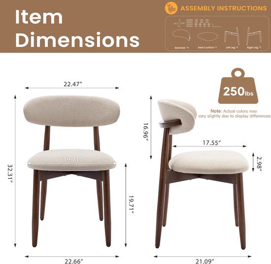 COLAMY Chaises de salle à manger en bois, lot de 2, chaises de cuisine modernes revêtues de tissu, style campagnard avec repose-pieds, beige