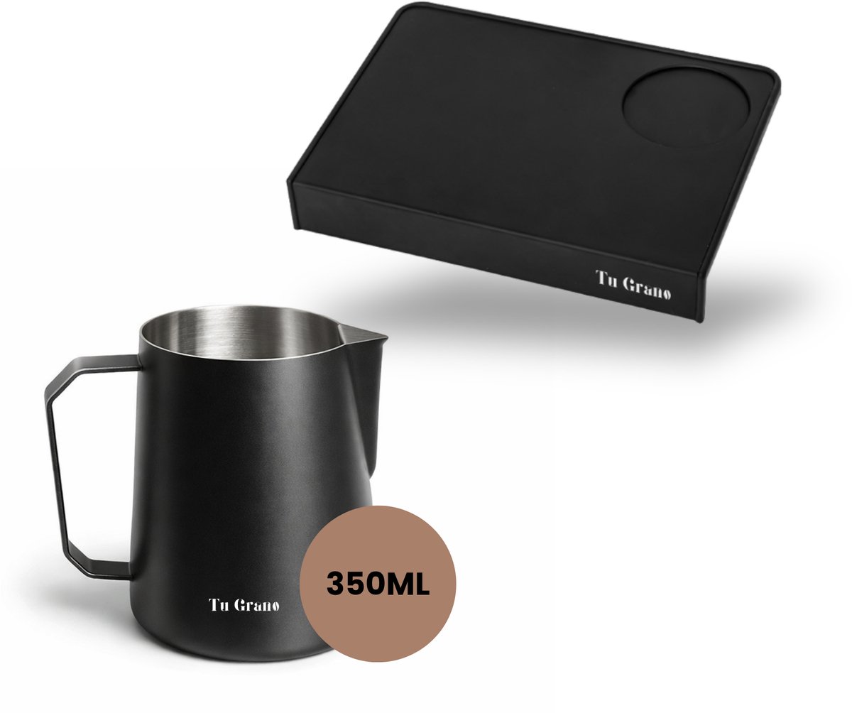 Tu Grano Melkkan 350ml + Tampermat Bundel - RVS Melkkannetje Zwart - Antislip Tampingmat - Barista Set