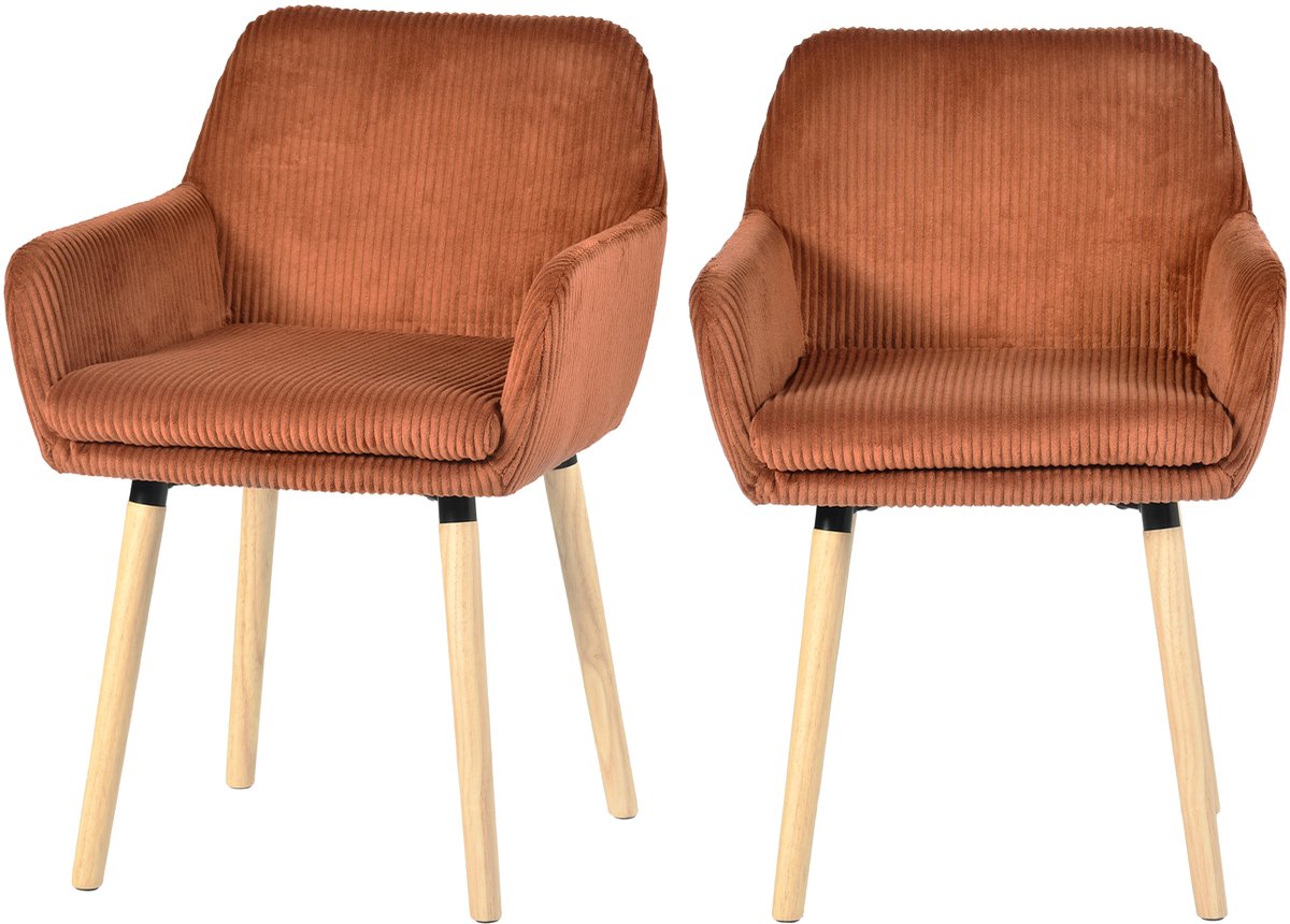 MEUBLE COSY Meubles Cosy Eetkamerstoel - Set Van 2 Fluweel Ribstof Houten Poten Scandinavisch Design- Baksteenrood