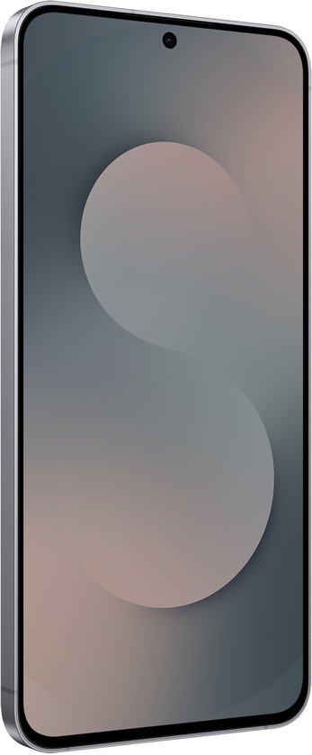 Grijze smartphone met een minimalistische display en zilveren rand.