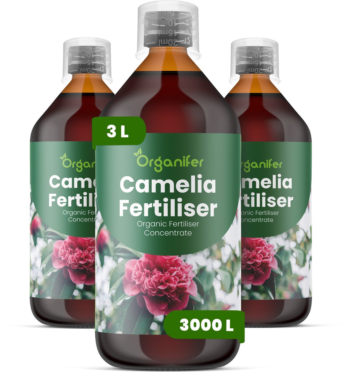 Vloeibare Meststof Voor Camellia 3X1 L Voor 3000 L - Npk 3-4-3 - Knopvorming - Rijke Bloei - Sterk Wortelstelsel - Koel Seizoensstress - Bladglans - Kleurintensiteit - Groenblijvende Vitaliteit - Langdurige Bloei - Organifer