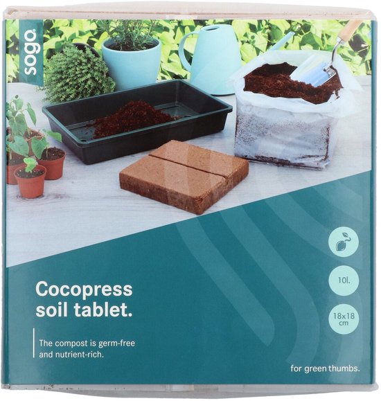 Verpakking van Sogo Cocopress soil tablet met afbeelding van tuinspullen en de tekst 'Cocopress soil tablet. The compost is germ-free and nutrient-rich.'