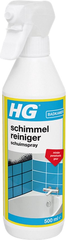 HG schimmel reiniger schuimspray, witte fles met blauw/geel etiket en afbeelding van badkamertegels.