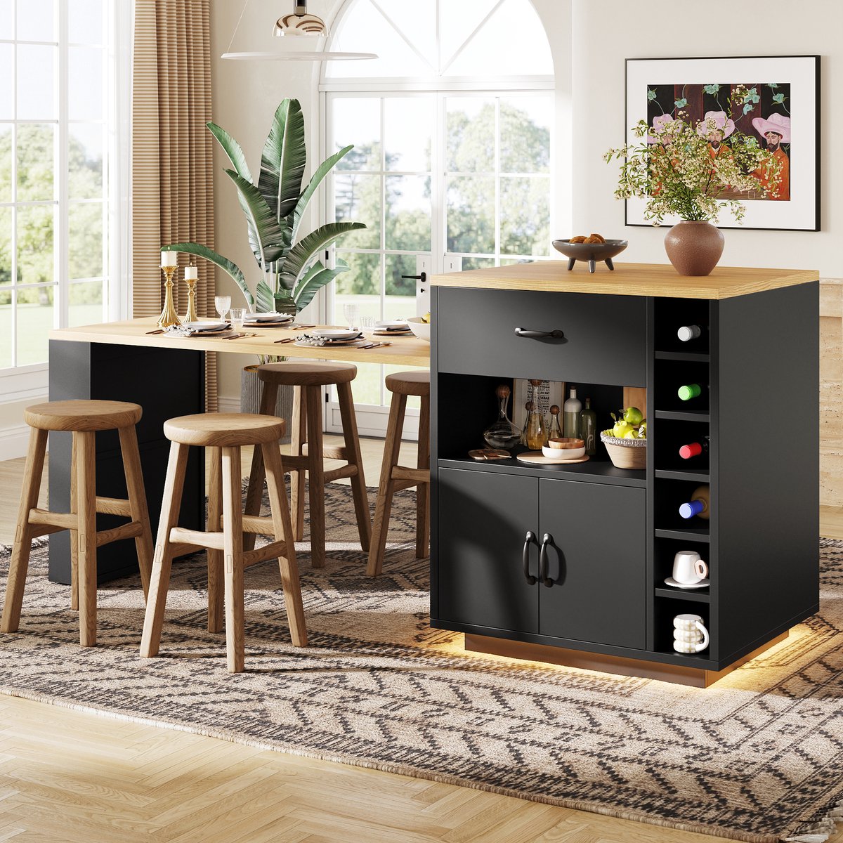 MIVRAY Keukeneiland - Met Uitschuifbare Tafel En Wijnrek - Voor Keuken En Eethoek - MDF - 80x70x95,5 cm - Zwart