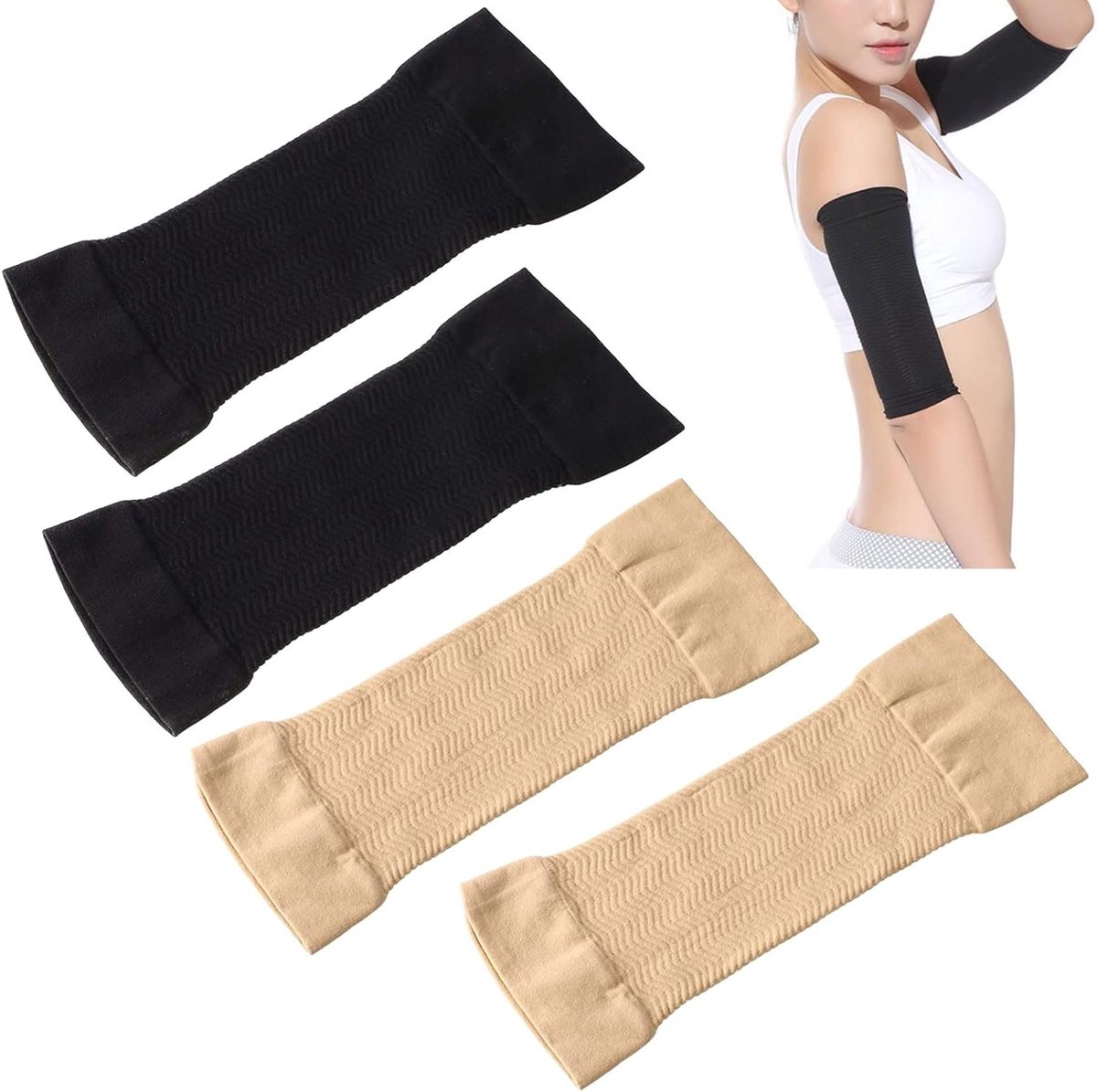 Compressiekousen voor Armen en Benen - 2 Paar Zwart en Beige - Ideaal voor Sport en Herstel