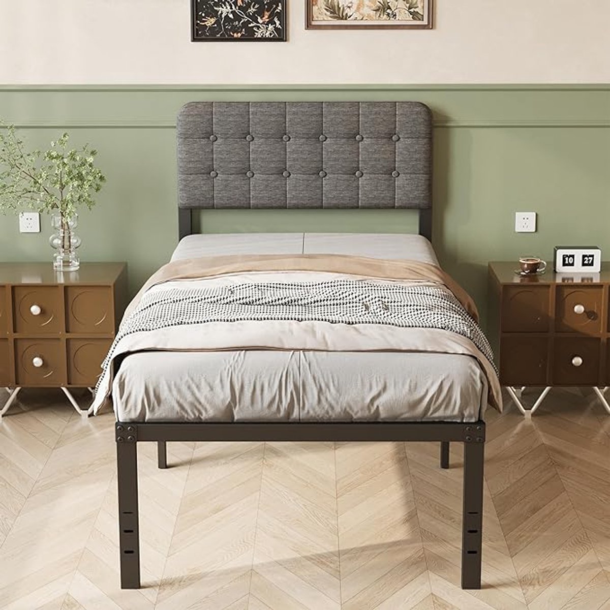 Metalen bedframe 90x190 cm met gestoffeerd gebogen hoofdbord, 41 cm onderbed opbergruimte, stevige stalen lattenbodem, geluidloos eenpersoonsbed, zwart/grijs