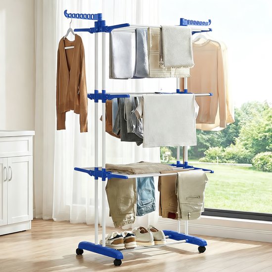 Droogtoren – Inklapbaar Wasrek met Wieltjes – Ruimtebesparend Staand Droogrek – Geschikt voor Grote Gezinnen – 76x52x170 cm – Blauw