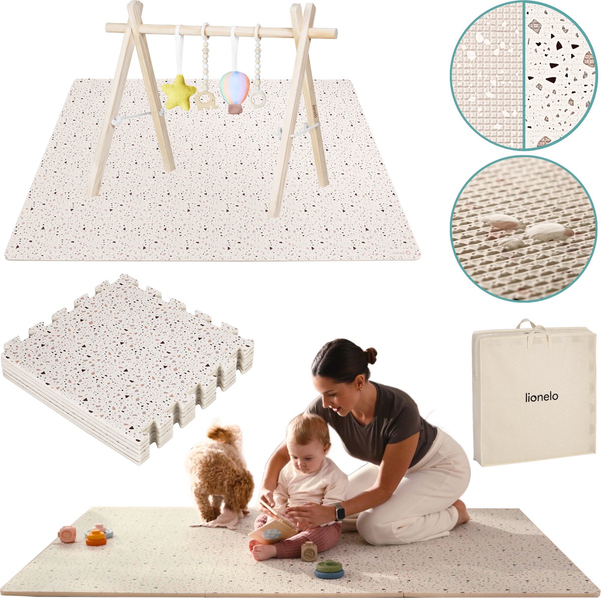 Lionelo Yoka Speelmat Premium Speelkleed Foam + Babygym & Speelboog – Veilig & Zacht – Dubbelzijdig Vloerpuzzel – Opvouwbaar + Opbergtas – voor Binnen & Buiten – Speeltapijt – Baby Speelgoed 6 3 9 1 maanden