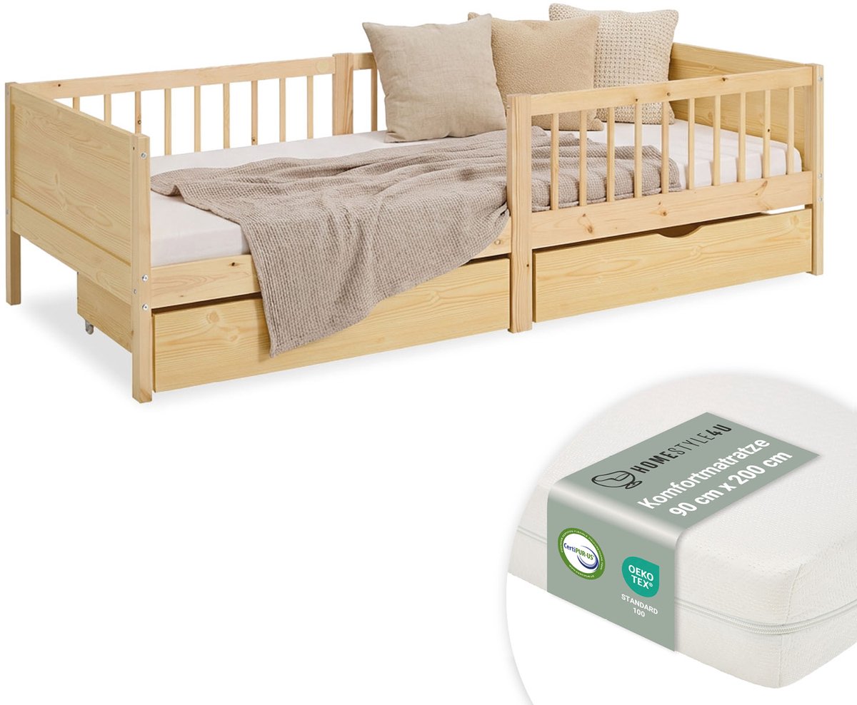 Homestyle4u Kinderbed - 90x200 cm - met matras - 2 bedladen - Natuur