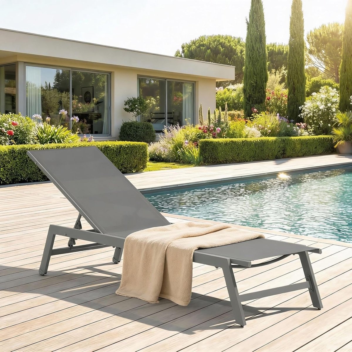 Ligstoel Espiritu Premium Verstelbare Zonneligstoel 192 x 31 x 55 cm – Aluminium Frame Grijs – 6-Standen Verstelbare Rugleuning – UV- en Weerbestendig Textileen – Tuin, Balkon & Terras Relaxstoel – Nicolehome