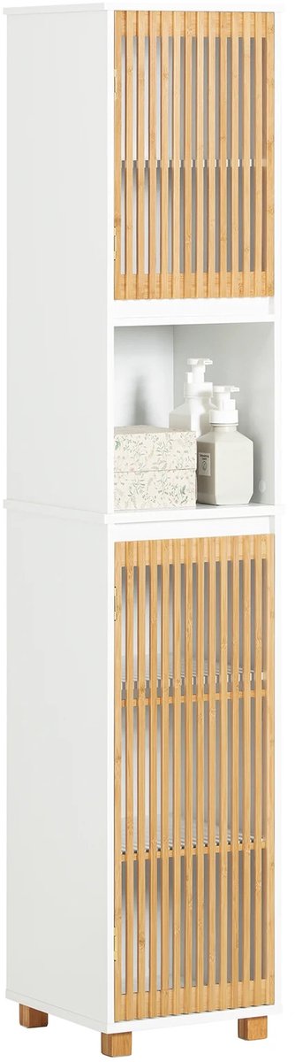 Roossentials badkamerkast - Smalle opbergkast - Badkamergarderobe - Badkamermeubel - 1 open vak - 2 deuren - Bamboe - Wit -