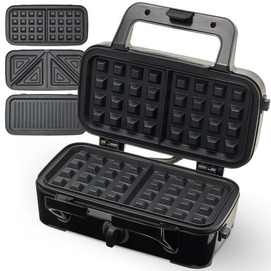 KitchenBrothers 3-in-1 Wafelijzer - Tosti Apparaat - Contact Grill - Verwisselbare Platen - RVS
