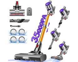 Authmic Steelstofzuiger Draadloos - 35.000Pa Zuigkracht - 6-in-1 Multifunctioneel Ontwerp - 6*2200mAh - 50 Min - GreenEye Technologie - Wandbeugel - Geschikt voor Huisdierharen, Tapijt en Harde Vloeren - Purpergoud