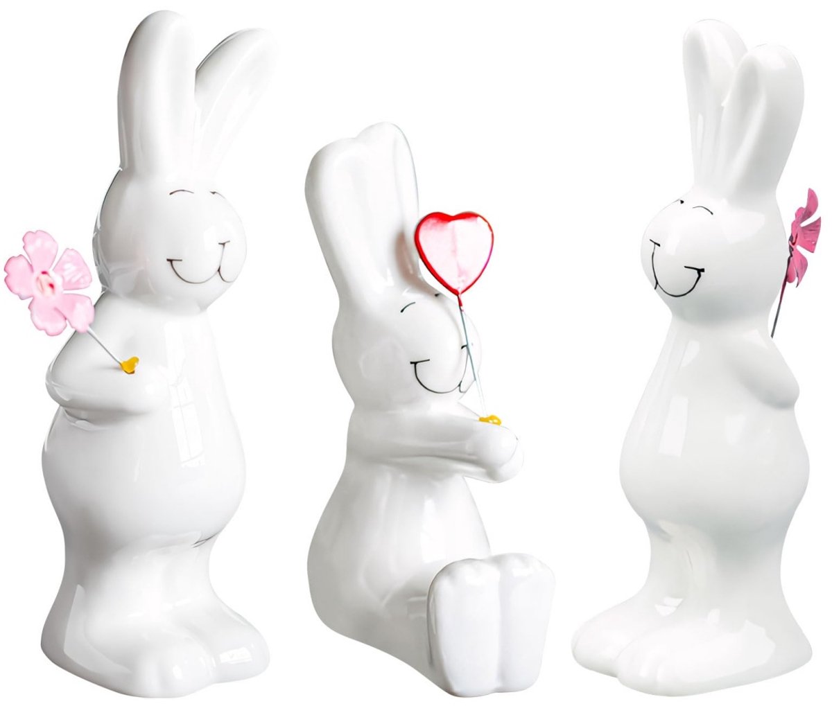 longziming -Keramiek Konijn Beeldjes - Paashaas Figuren - Decoratief Set - Houdt Bloemen En Hart Ballonnen - Geglazuurd Oppervlak - Levensgetrouw Ontwerp - Veelzijdige Binnen En Buiten Decoratie - 3 Stuks