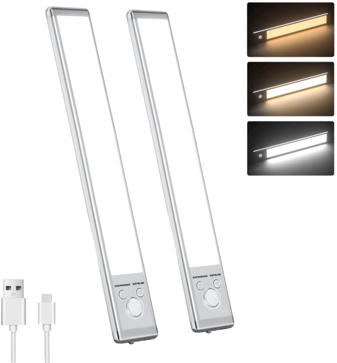 carmdering - Oplaadbare LED Kastenlamp - Bewegingssensor - Kastverlichting - Set van 2, 12 inch, 66 LED's, 200 lumen - 3 kleurtemperaturen (3000K-6500K) en 3 helderheidsniveaus - USB-C oplaadbaar, 2200 mAh, tot 8+ uur