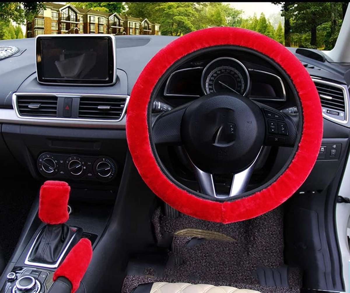 Pluche Stuurwielhoes voor Auto, 3-delige Set met Handrem- en Versnellingspookhoes, Warm in de Winter, Rood, 38 cm, Ideaal voor Vrouwen, Auto-accessoires, Polyester