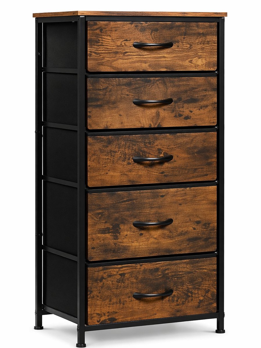 HOMESY Ladekast met 5 laden van stof, ladekast, dressoir ladekast, voor slaapkamer, woonkamer, hal, van metalen frame van hout ,45X95X30Cm vintage houtlook zwart