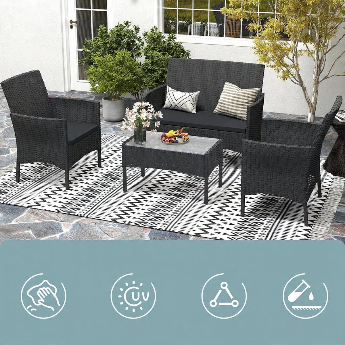 Luxe 4-delige Polyrattan Cube Lounge Set – Tuinmeubel Set voor 4 Personen met 2-Zits Sofa, 2 Stoelen, Tafel & Dikke Kussens –Mobili Bella
