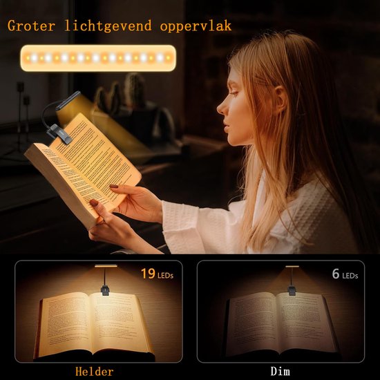 Sander Shop Leeslamp Boekenklem, USB C Oplaadbare Boeklamp met 19 LEDs, 3 Kleurtemperatuurmodi, Lange Looptijd, 360° Flexibel Traploze Helderheid Klemlamp voor Nachtlezen in Bed van sander-shop — afbeelding 2