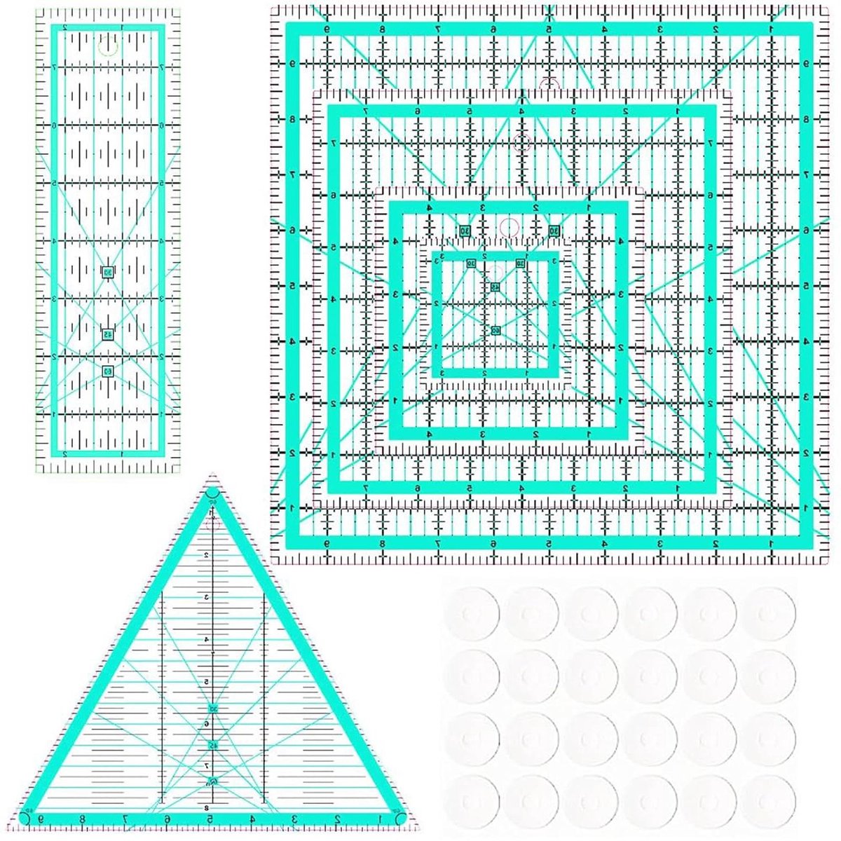 Quilt Liniaal Set - Patchwork Liniaal - Nauwkeurig Naaien - Inclusief Anti-Slip Stickers - 5 Delig - Blauw