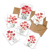 Set van kaarten met rode hartjes in aquarel, met bruine enveloppen.