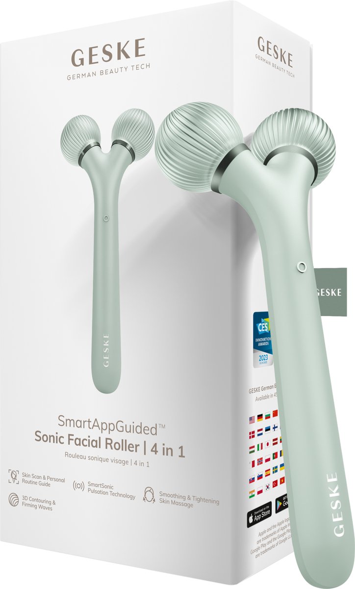 GESKE | SmartAppGuided™ Sonic Facial Roller | 4 in 1 | Dermaroller | Apparaat voor gezicht | Dermarol | Professionele gezichtsroller | Verstevigt en definieert de huid van het gezicht