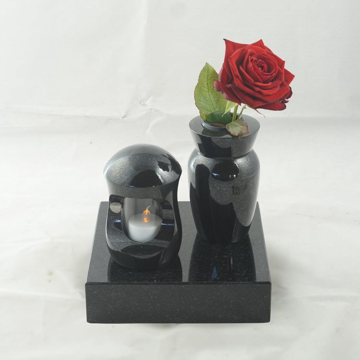 Graflamp Vaas Set - Grafdecoratie Set - Graf Decoratie - Graniet Zweeds Zwart - 20x20x5 cm - Zwart