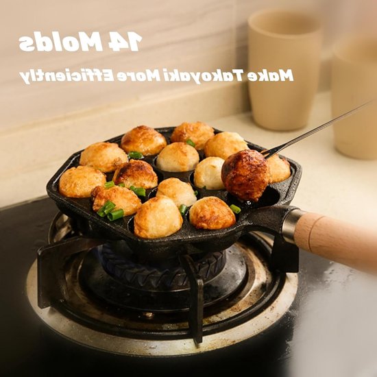 Takoyaki Pan met 14 Holes - Ideaal voor Takoyaki, Aebleskiver en Poffertjes - Gietijzeren Grillpan met Afneembare Handgreep van Merkloos — afbeelding 3