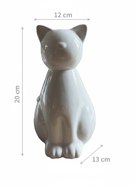 Witte keramische kattenurn, 20 cm hoog, 12 cm breed en 13 cm diep.